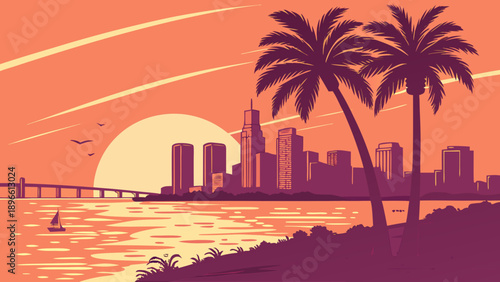 Miami skyline with palm trees framing vibrant cityscape and sunset over the water. Suitable for travel brochures and city guides.