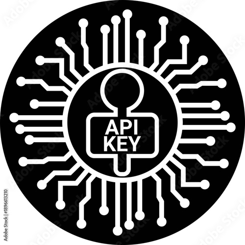 Circular Black API Key Icon Featuring a Central Key Silhouette Surrounded by Radial Circuit Board Lines for Cybersecurity Software Development and Digital Authentication Concept