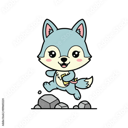 Happy Cartoon Wolf Running on Rocks with Joyful Expression