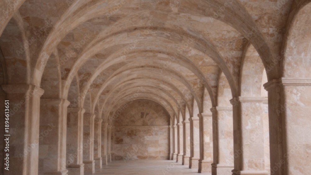 Fototapeta premium Long arched corridor old stone building composed numerous columns each unique shape size forming vaulted