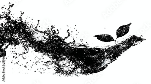 Black and white image depicts splashing liquid with a plant sprouting from it