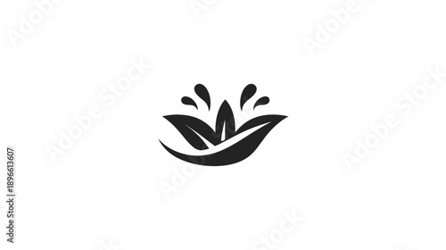 Black and white nature-inspired emblem with a stylized flower or leaf design and water droplets