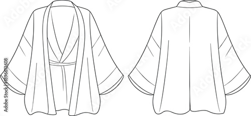 Women kimono style robe cardigan technical flat sketch front and back view fashion illustration vector outline design