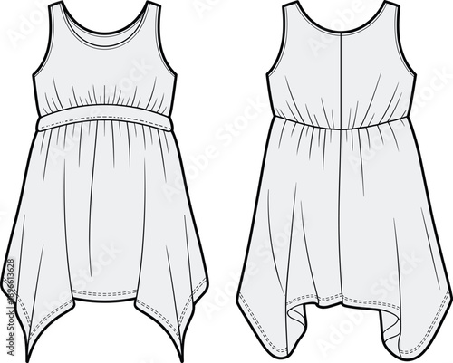Girls sleeveless high low dress technical flat sketch front and back view fashion illustration vector outline design