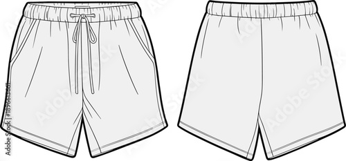 Men elastic waist shorts technical flat sketch front and back view fashion illustration vector outline design