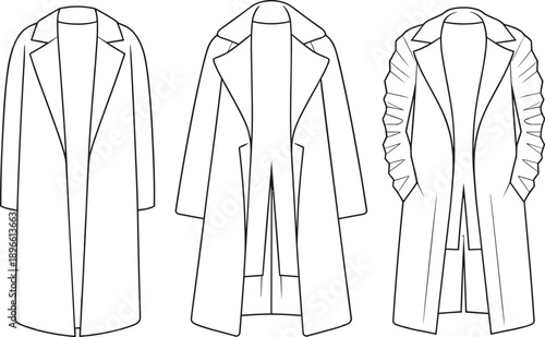 Women long coat technical flat sketch front variations fashion illustration vector outline outerwear design template