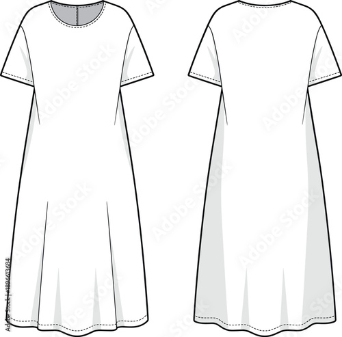 Women short sleeve midi dress technical flat sketch front and back view fashion illustration vector outline design