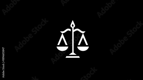 A simple, white, stylized icon of the scales of justice set against a stark black background