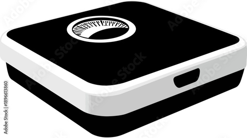 Isometric illustration of a black and white square weight scale, with a display and rectangular button