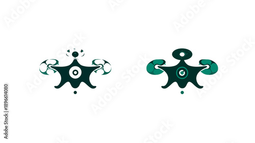 Two abstract shapes in teal and dark teal, resembling figures with circular elements