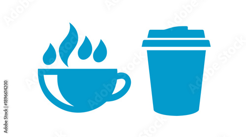 Stylized, blue icons of a steaming cup and a to-go cup against a white background