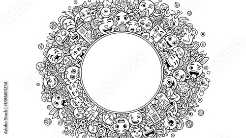 Black and white illustration of various cartoon faces in a circular frame