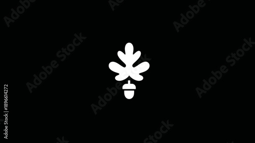A stark white illustration of an oak leaf and acorn against a black backdrop