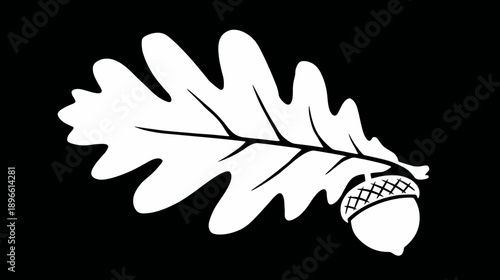 A stark white oak leaf and acorn silhouette on a black background
