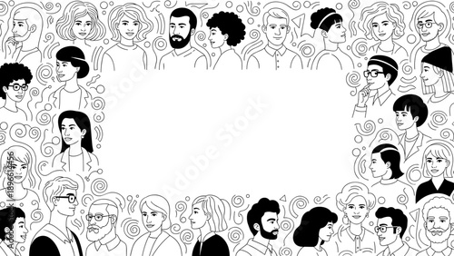 Black and white illustration of various people faces border frame design element