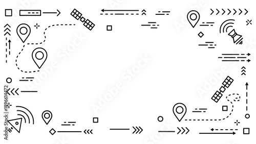 Black and white vector icons of navigation and location symbols with various arrows and lines