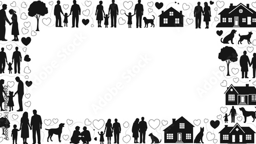 Black silhouettes of people, pets, and homes arranged in a border