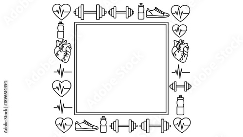 Fitness frame with various exercise icons and symbols around border