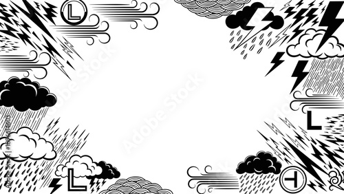 Weather forecast symbols and icons in black and white illustration style