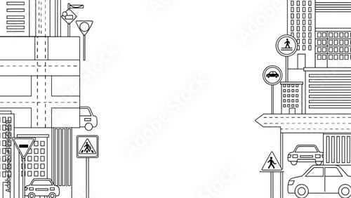 City street scene with traffic lights and road signs illustration