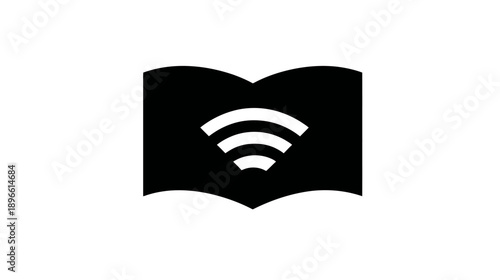 A black and white icon. An open book shape with wifi symbol. Minimalist style