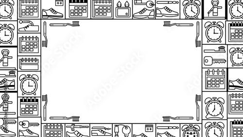 Black and white illustration of various office supplies and icons border frame