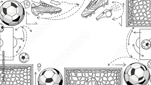 Black and white soccer illustration with various movements and actions depicted
