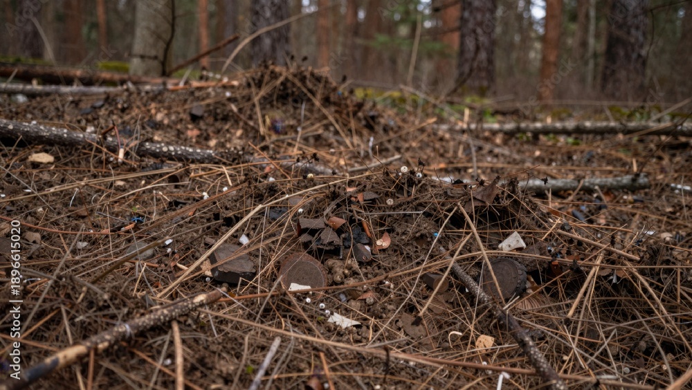 Fototapeta premium Chaotic destruction forest foreground pile tangled branches debris lies ground middle frame surrounded dense tall