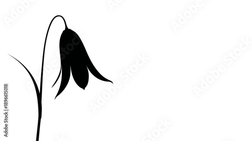 A simple, black silhouette of a drooping flower with leaves and stem on a white background