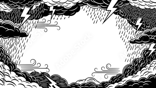 Black and white illustration of stormy weather with clouds and lightning