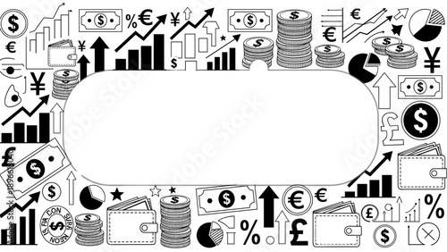 Black and white illustration of various business and finance icons and symbols surrounding a blank oval shape