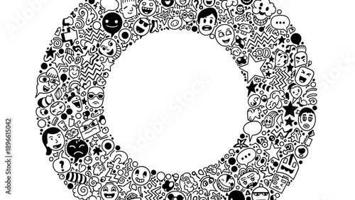 Black and white collage of various smiley faces and emojis forming a circle