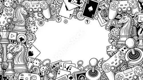 Casino and gaming elements border frame with cards and chips for design