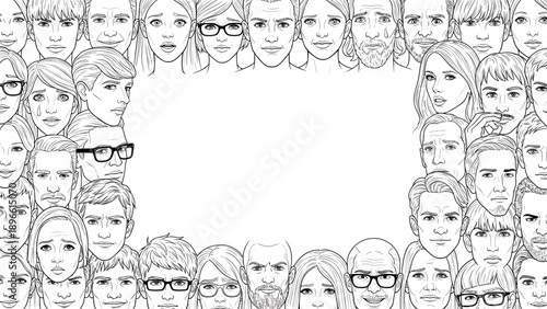 Collage of multiple diverse people faces with various expressions and sunglasses