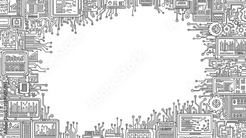 A black and white illustration of various electronic devices and gadgets forming a square frame