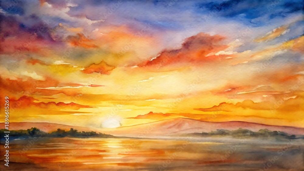 Fototapeta premium Vibrant Watercolor Sunset Landscape