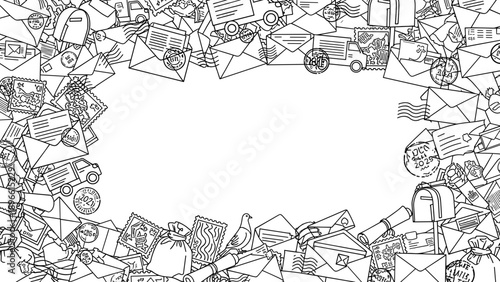 A black and white illustration of various objects in a chaotic pile