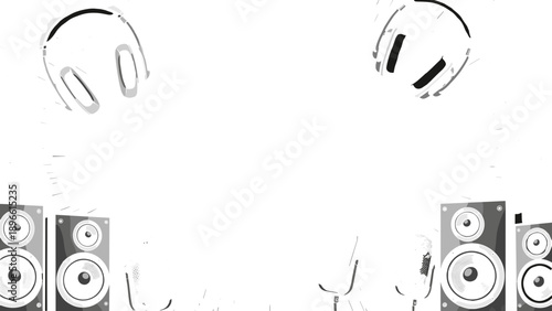 Black and white illustration of headphones and speakers
