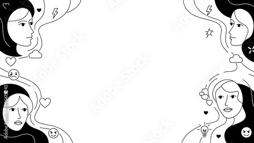 Black and white illustration of four womens faces with thoughts and feelings