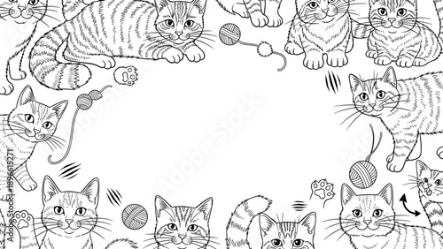 Black and white illustration of multiple cute cats playing with toys