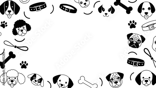 Black and white dog icons and accessories border design elements