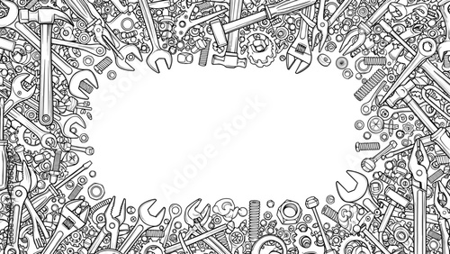 Black and white illustration of various tools border frame with empty space