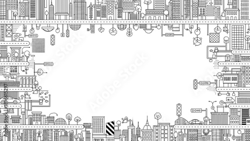 Cityscape illustration with various buildings and vehicles in a detailed urban landscape