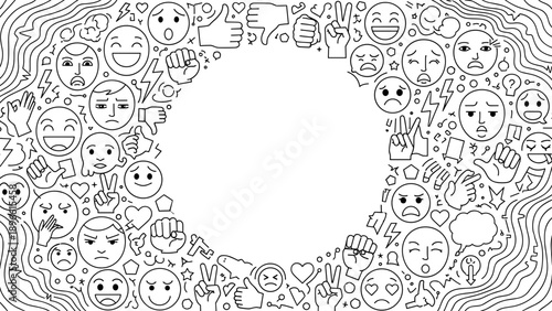 A black and white illustration of various emojis and icons forming a circle on a with wavy lines