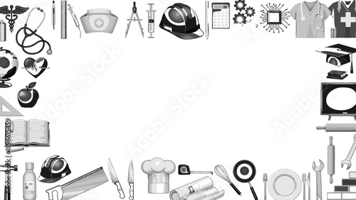 Collection of various objects and symbols in black and white
