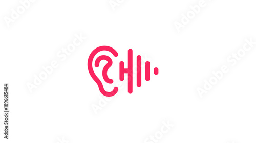 A pink icon showing an ear and sound waves on a white background, representing hearing
