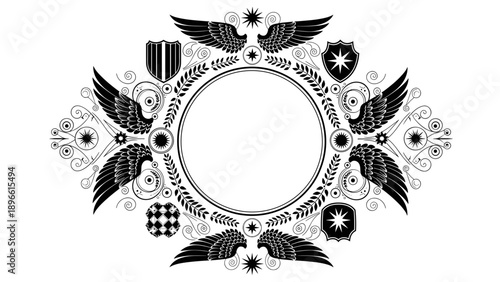 Intricate black and white ornate circular frame with wings and patterns