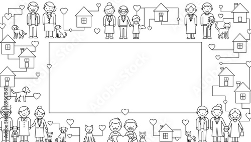 Black and white line drawing of people and pets around a blank border frame
