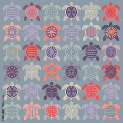 grid of 30 colorful turtles with unique shell patterns on muted blue-gray background
