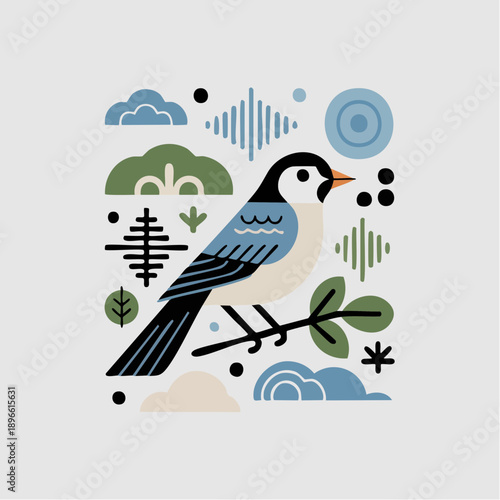 stylized bird on branch with abstract nature and sound motifs in blue, green, black, and beige